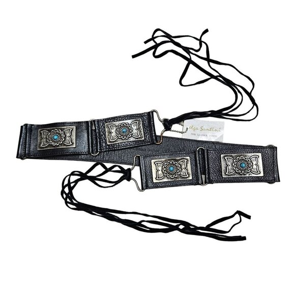 Olga Santini NWT Black Leather Belt With Silver Turquoise Buckles Concho Size‎ M - Picture 1 of 13